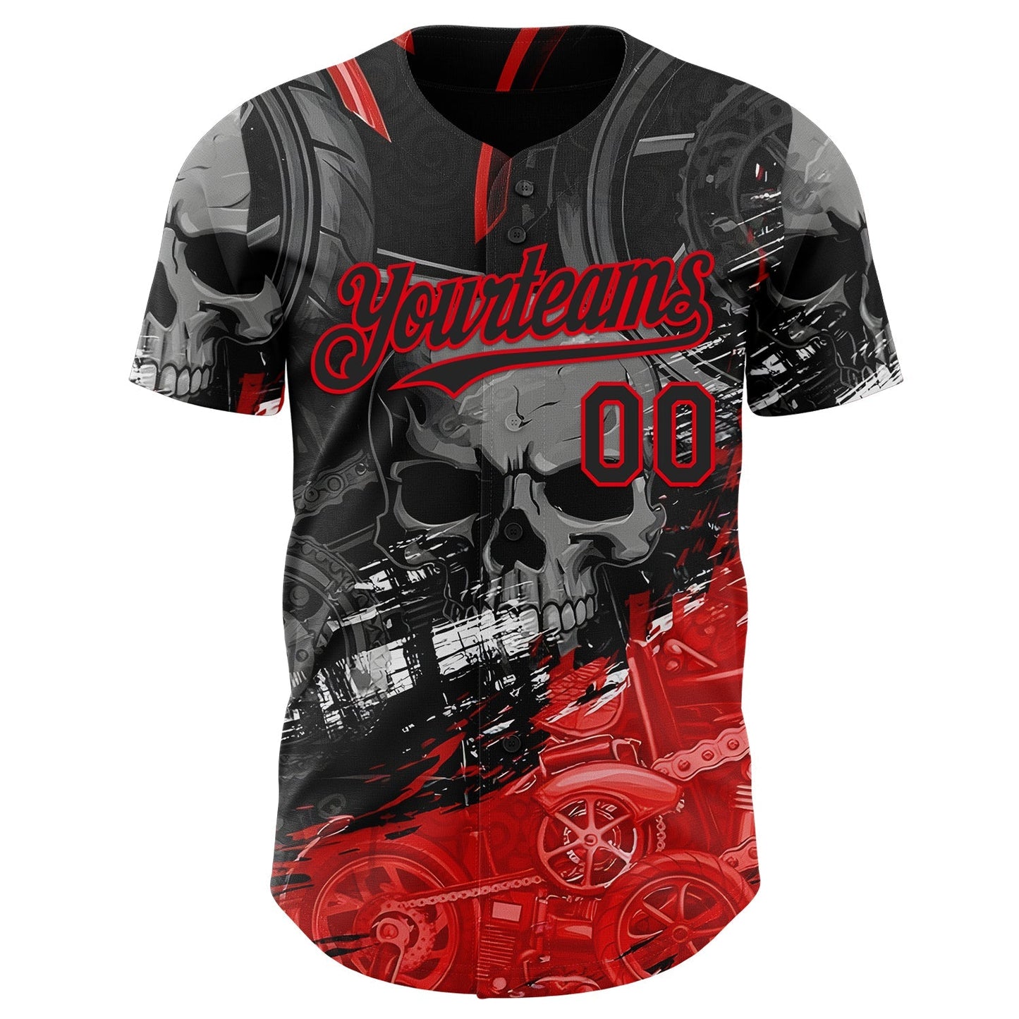 Custom Black-Fire Red 3D Pattern Design Motorcycle Motocross Skull Authentic Baseball Jersey baseball jersey product view 2