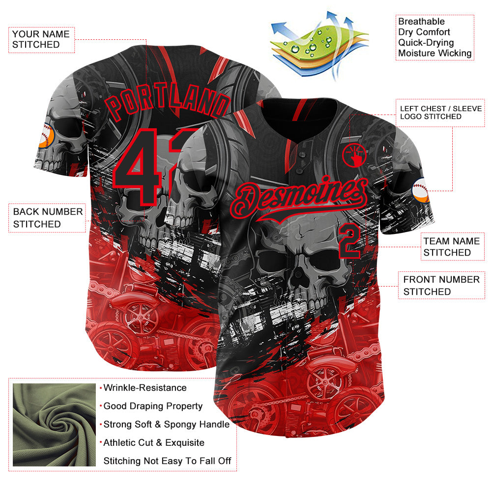 Custom Black-Fire Red 3D Pattern Design Motorcycle Motocross Skull Authentic Baseball Jersey baseball jersey product view 3
