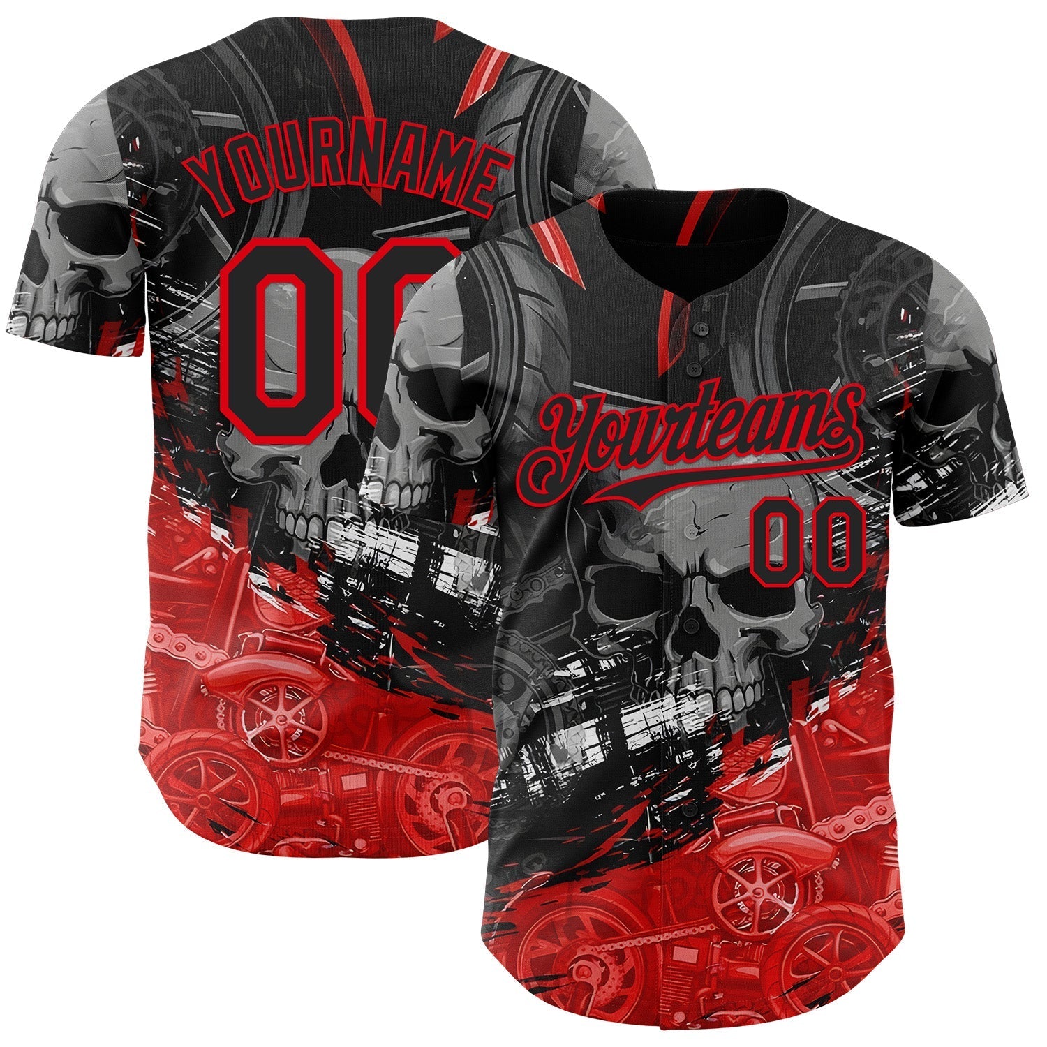 Custom Black-Fire Red 3D Pattern Design Motorcycle Motocross Skull Authentic Baseball Jersey baseball jersey product view 1