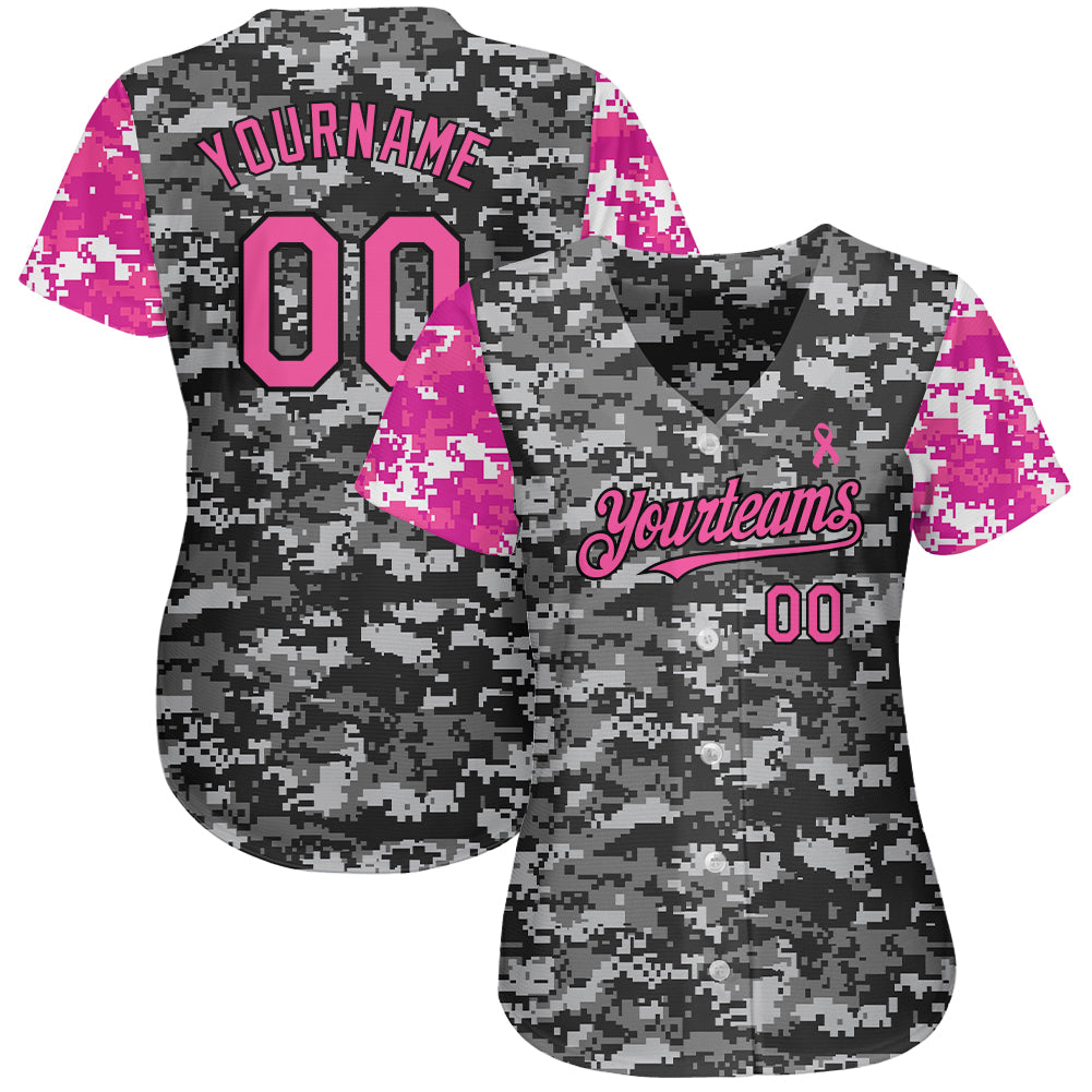 Custom Camo Pink-Black 3D Pink Ribbon Breast Cancer Awareness Month Women Health Care Support Authentic Baseball Jersey baseball jersey product view 2