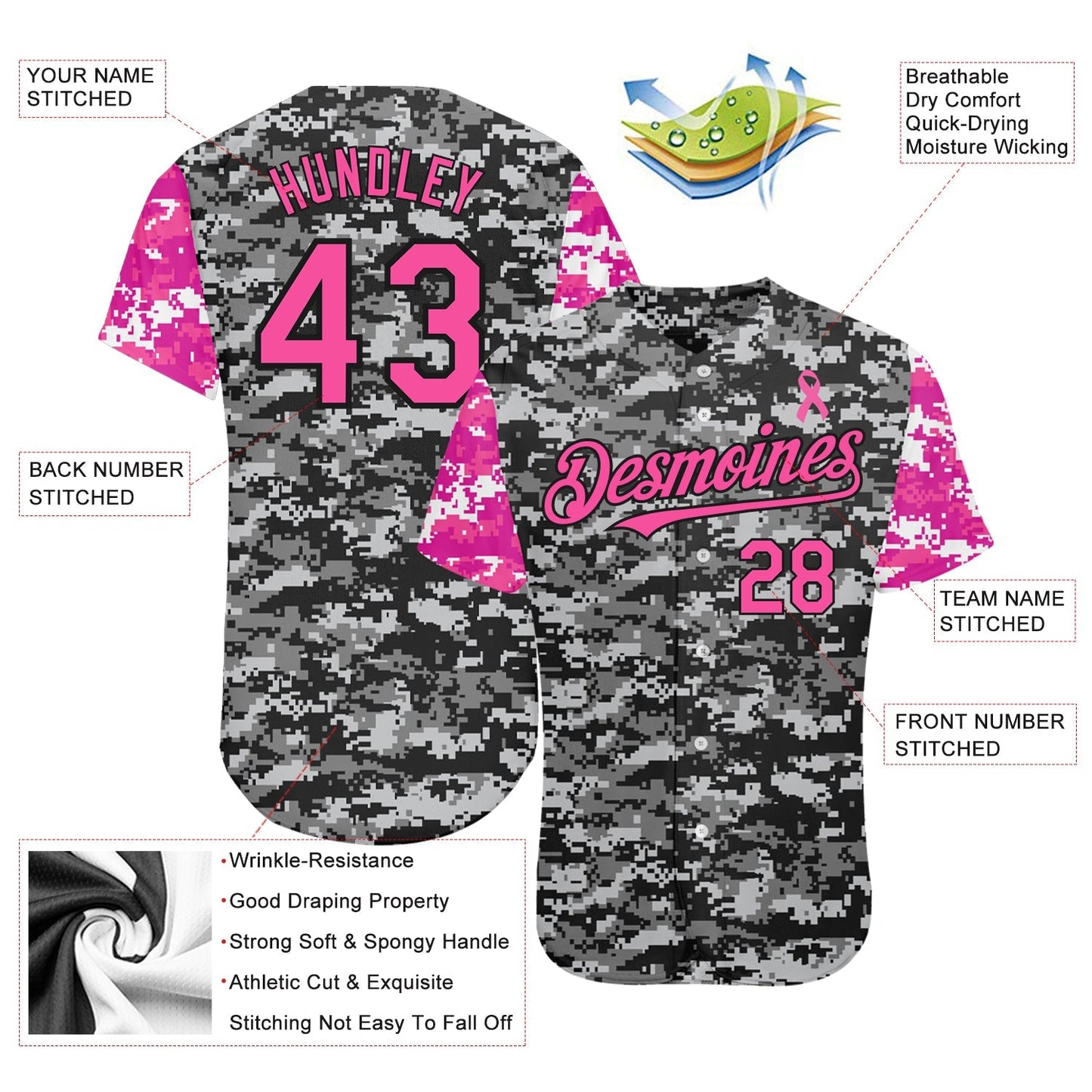 Custom Camo Pink-Black 3D Pink Ribbon Breast Cancer Awareness Month Women Health Care Support Authentic Baseball Jersey baseball jersey product view 3