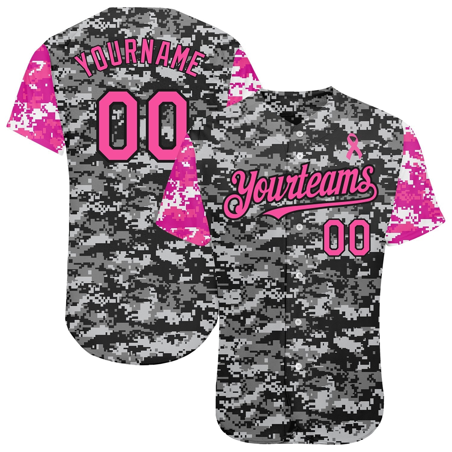 Custom Camo Pink-Black 3D Pink Ribbon Breast Cancer Awareness Month Women Health Care Support Authentic Baseball Jersey baseball jersey product view 1