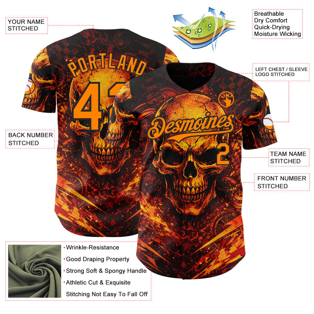 Custom Black-Bay Orange 3D Pattern Design Motorcycle Motocross Skull Flame Authentic Baseball Jersey baseball jersey product view 3