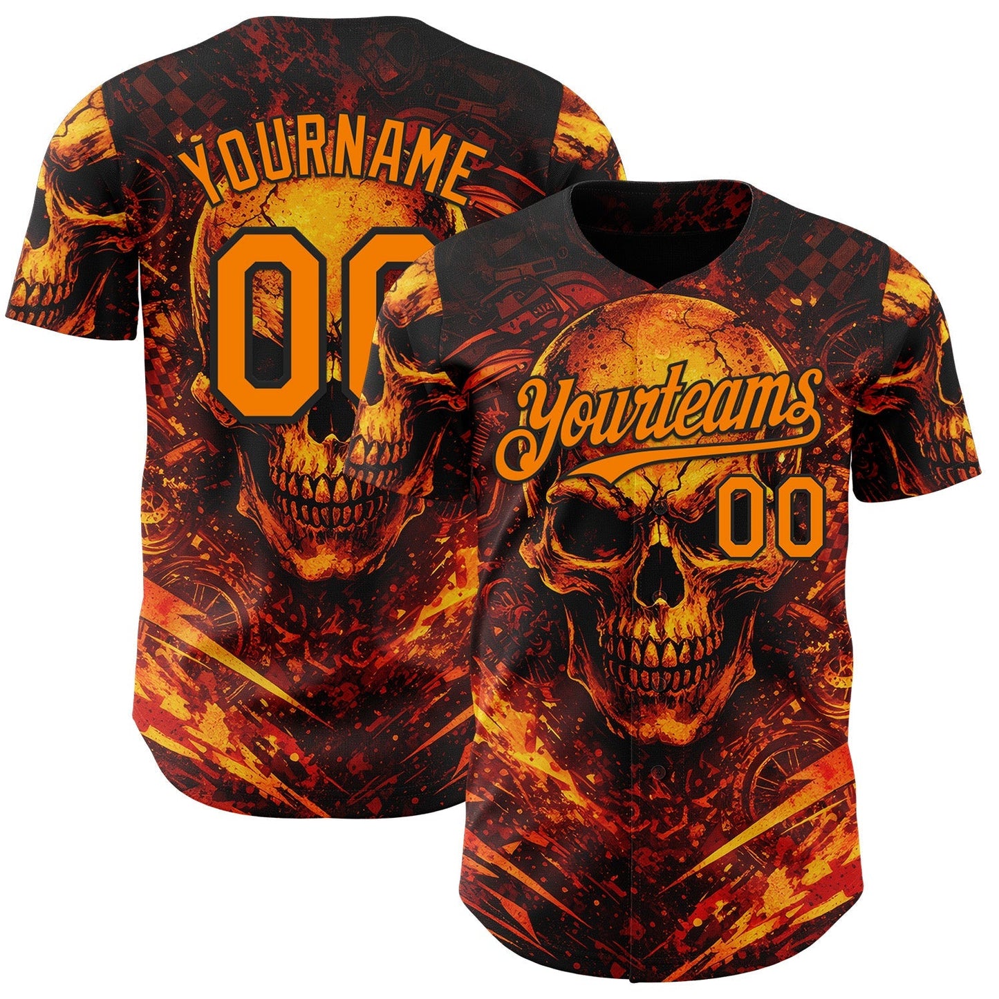 Custom Black-Bay Orange 3D Pattern Design Motorcycle Motocross Skull Flame Authentic Baseball Jersey baseball jersey product view 1