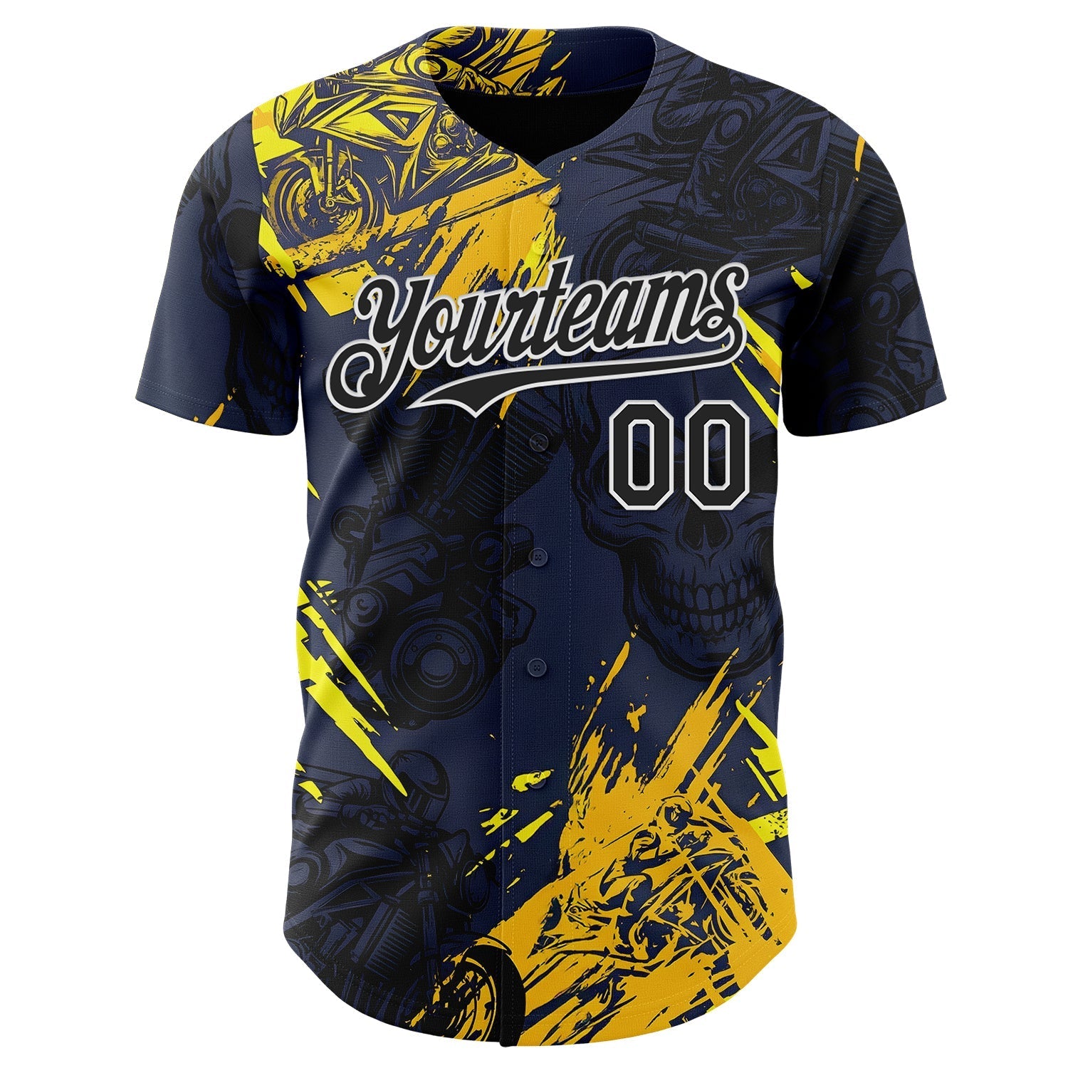 Custom Navy Black Yellow-White 3D Pattern Design Motorcycle Motocross Skull Authentic Baseball Jersey baseball jersey product view 2