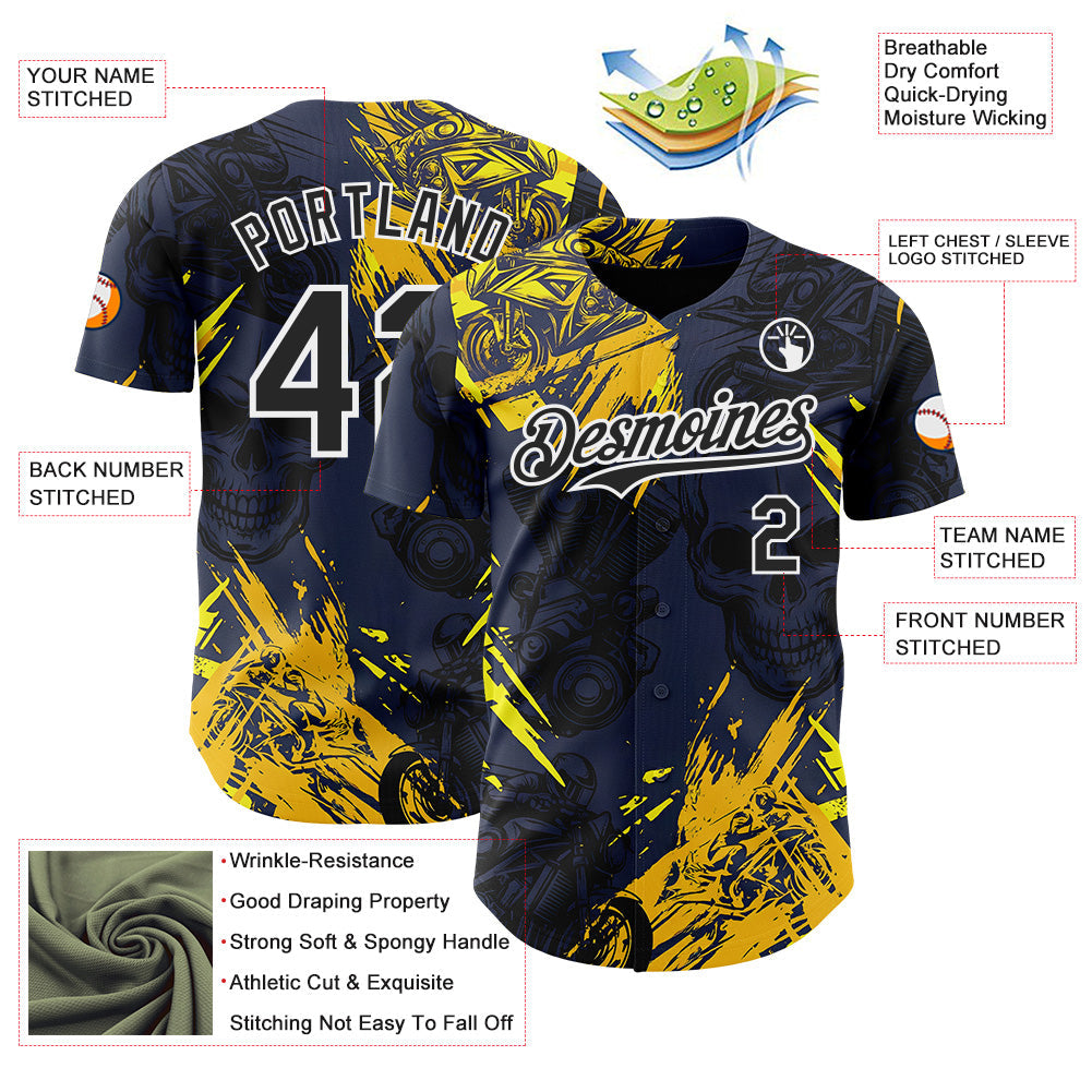 Custom Navy Black Yellow-White 3D Pattern Design Motorcycle Motocross Skull Authentic Baseball Jersey baseball jersey product view 3