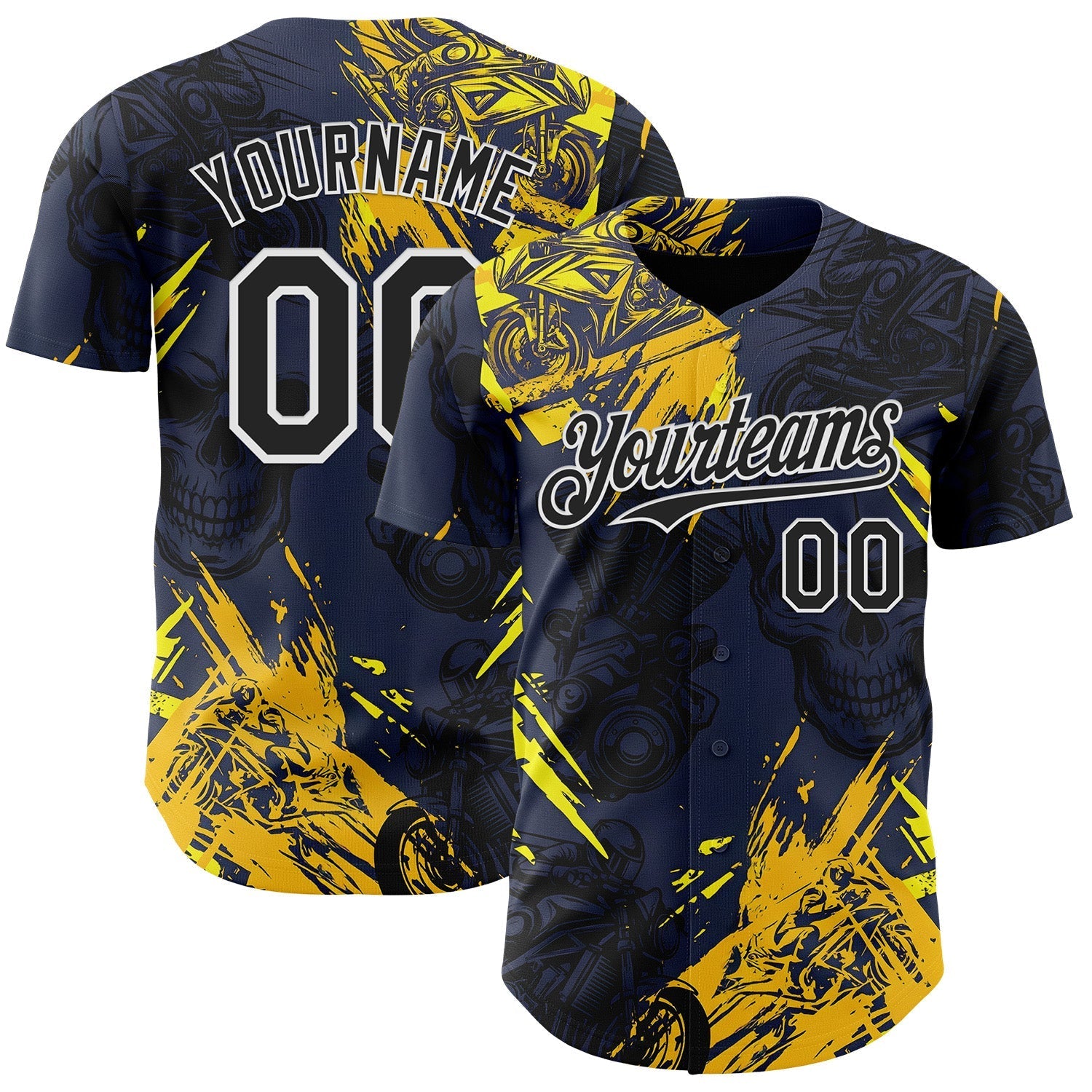 Custom Navy Black Yellow-White 3D Pattern Design Motorcycle Motocross Skull Authentic Baseball Jersey baseball jersey product view 1