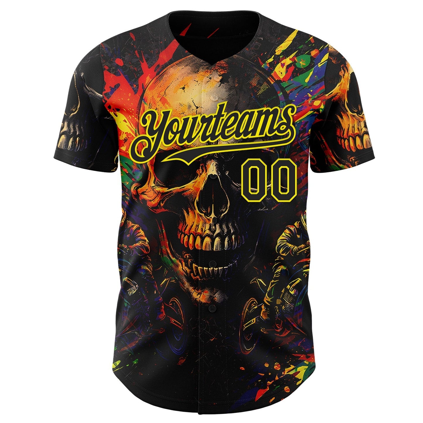 Custom Black-Light Yellow 3D Pattern Design Motorcycle Motocross Skull Authentic Baseball Jersey baseball jersey product view 2