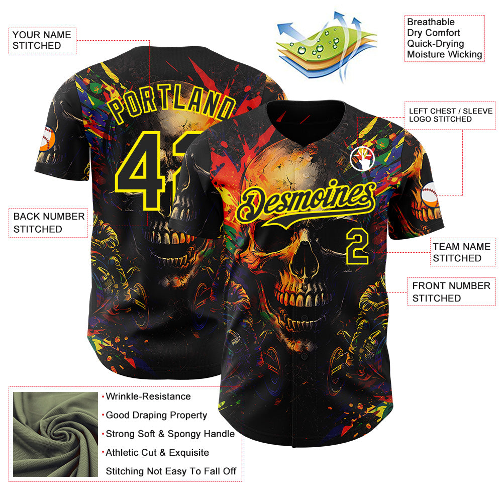 Custom Black-Light Yellow 3D Pattern Design Motorcycle Motocross Skull Authentic Baseball Jersey baseball jersey product view 3