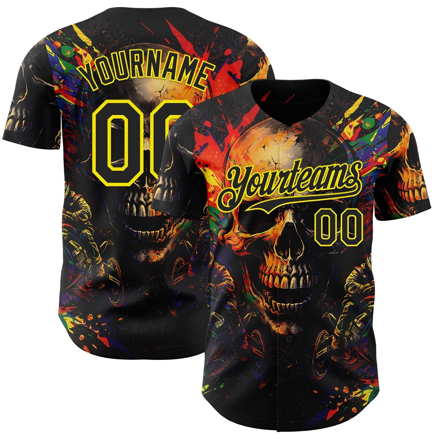 Custom Black-Light Yellow 3D Pattern Design Motorcycle Motocross Skull Authentic Baseball Jersey baseball jersey product view 1
