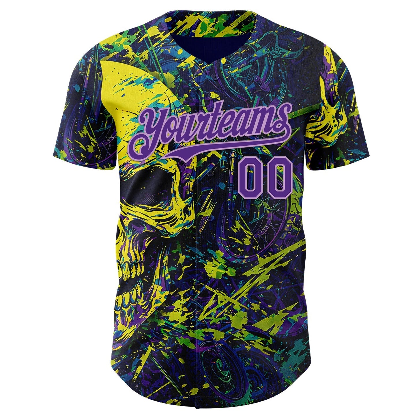 Custom Blue Purple Yellow-Light Purple 3D Pattern Design Motorcycle Motocross Skull Authentic Baseball Jersey baseball jersey product view 2