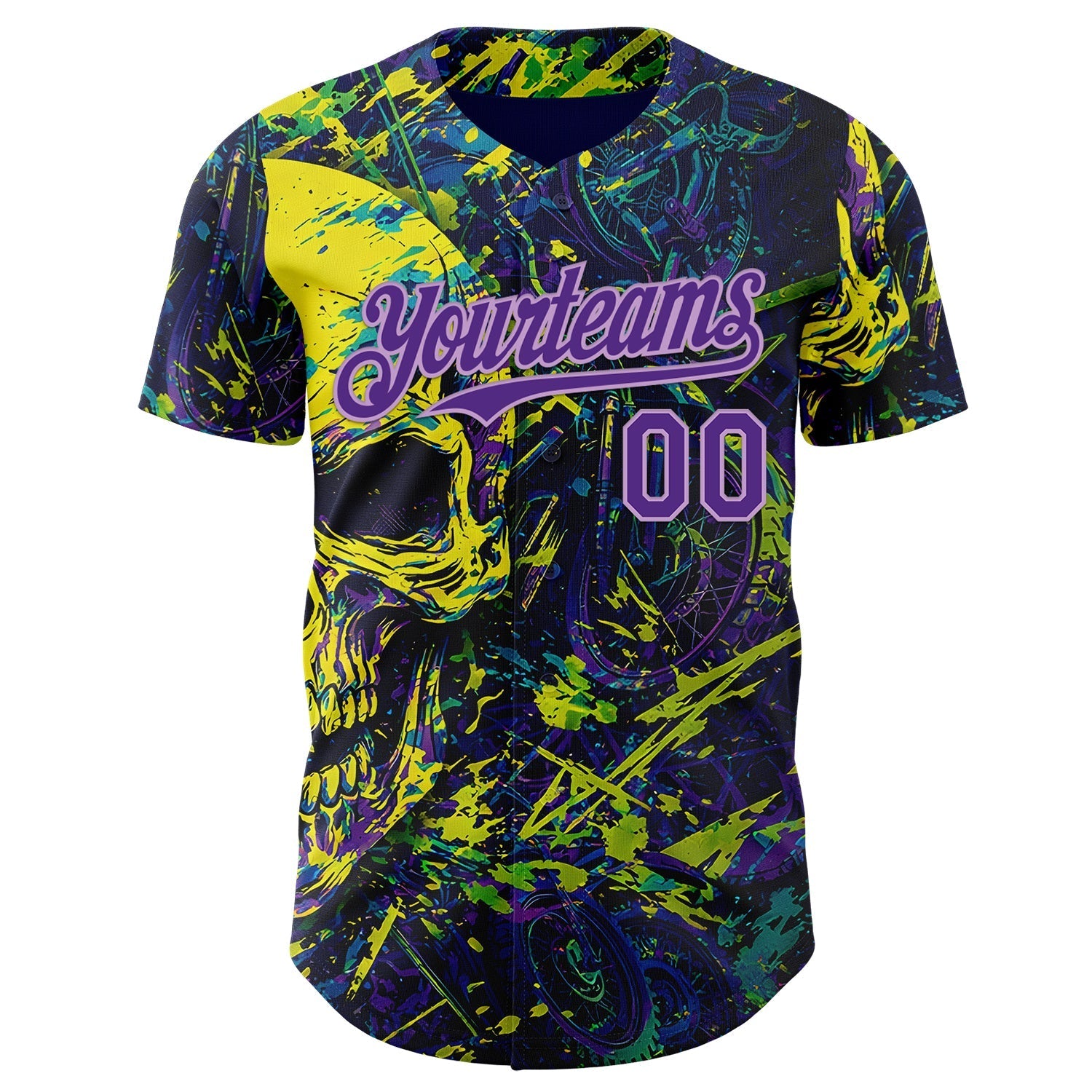 Custom Blue Purple Yellow-Light Purple 3D Pattern Design Motorcycle Motocross Skull Authentic Baseball Jersey baseball jersey product view 2