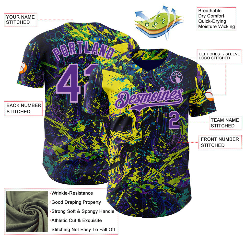 Custom Blue Purple Yellow-Light Purple 3D Pattern Design Motorcycle Motocross Skull Authentic Baseball Jersey baseball jersey product view 3