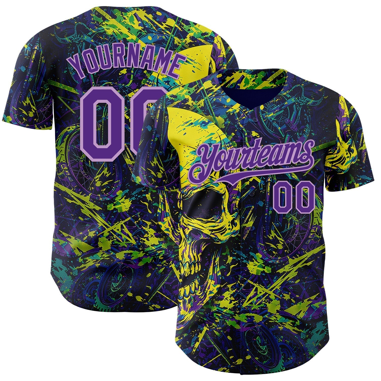 Custom Blue Purple Yellow-Light Purple 3D Pattern Design Motorcycle Motocross Skull Authentic Baseball Jersey baseball jersey product view 1