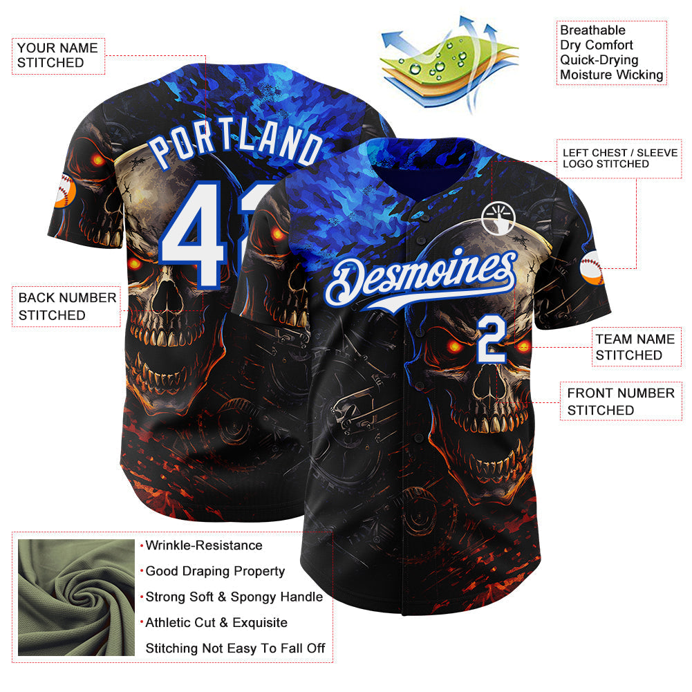 Custom Black White-Thunder Blue 3D Pattern Design Motorcycle Motocross Skull Authentic Baseball Jersey baseball jersey product view 3
