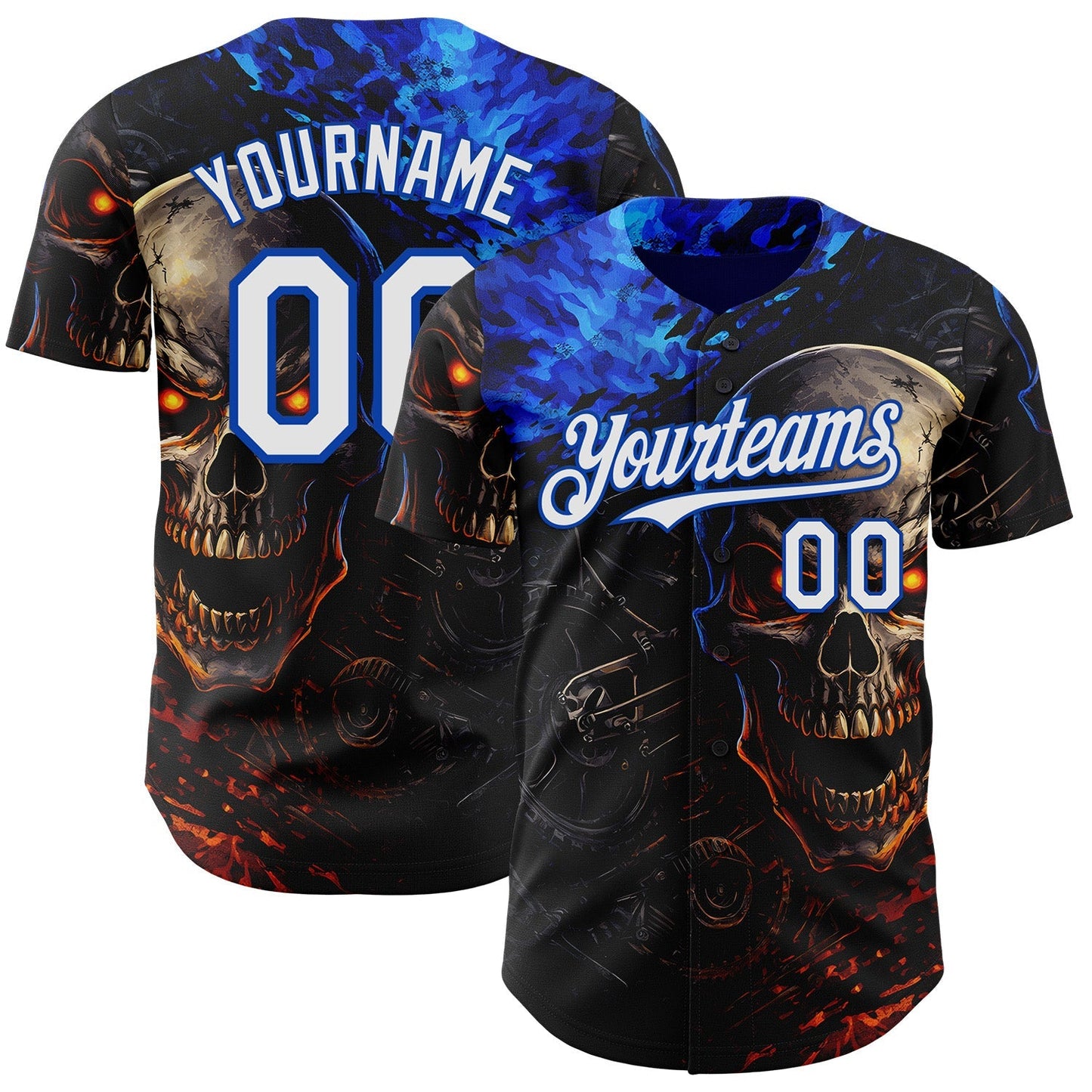 Custom Black White-Thunder Blue 3D Pattern Design Motorcycle Motocross Skull Authentic Baseball Jersey baseball jersey product view 1