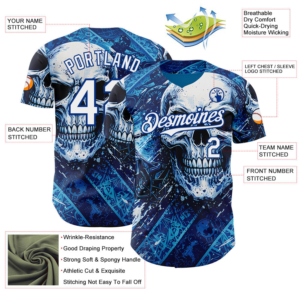 Custom Blue White-Royal 3D Pattern Design Motorcycle Motocross Skull Authentic Baseball Jersey baseball jersey product view 3