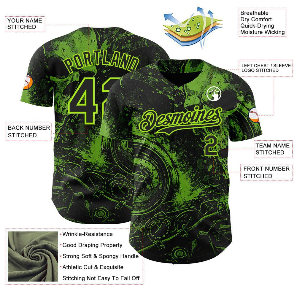 Custom Black-Neon Green 3D Pattern Design Motorcycle Motocross Skull Authentic Baseball Jersey baseball jersey product view 3