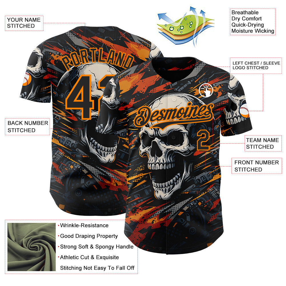 Custom Black-Bay Orange 3D Pattern Design Motorcycle Motocross Skull Authentic Baseball Jersey baseball jersey product view 3