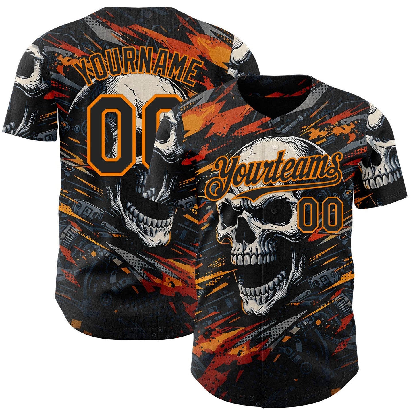 Custom Black-Bay Orange 3D Pattern Design Motorcycle Motocross Skull Authentic Baseball Jersey baseball jersey product view 1