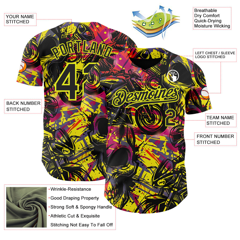 Custom Black Red-Neon Yellow 3D Pattern Design Motorcycle Motocross Authentic Baseball Jersey baseball jersey product view 3