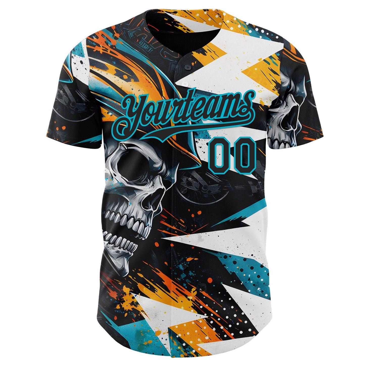 Custom Black Yellow-Lakes Blue 3D Pattern Design Motorcycle Motocross Skull Authentic Baseball Jersey baseball jersey product view 2