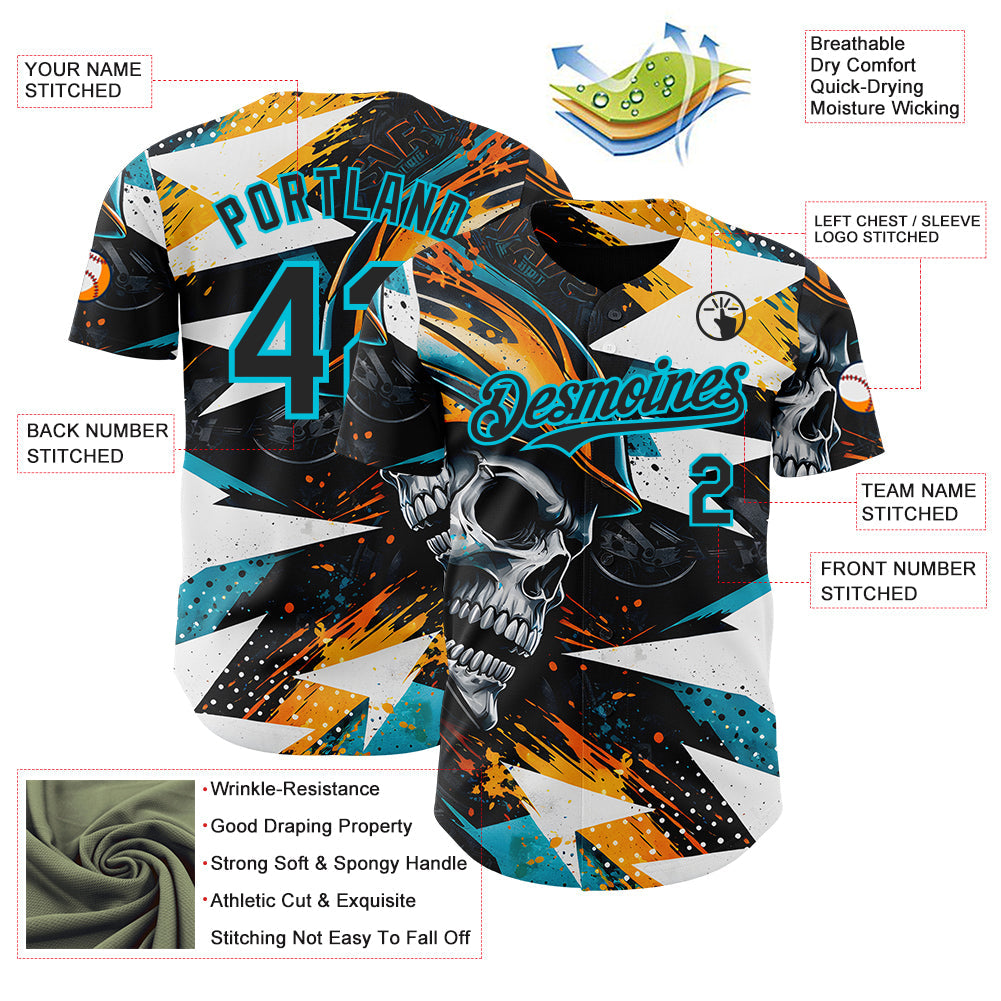 Custom Black Yellow-Lakes Blue 3D Pattern Design Motorcycle Motocross Skull Authentic Baseball Jersey baseball jersey product view 3