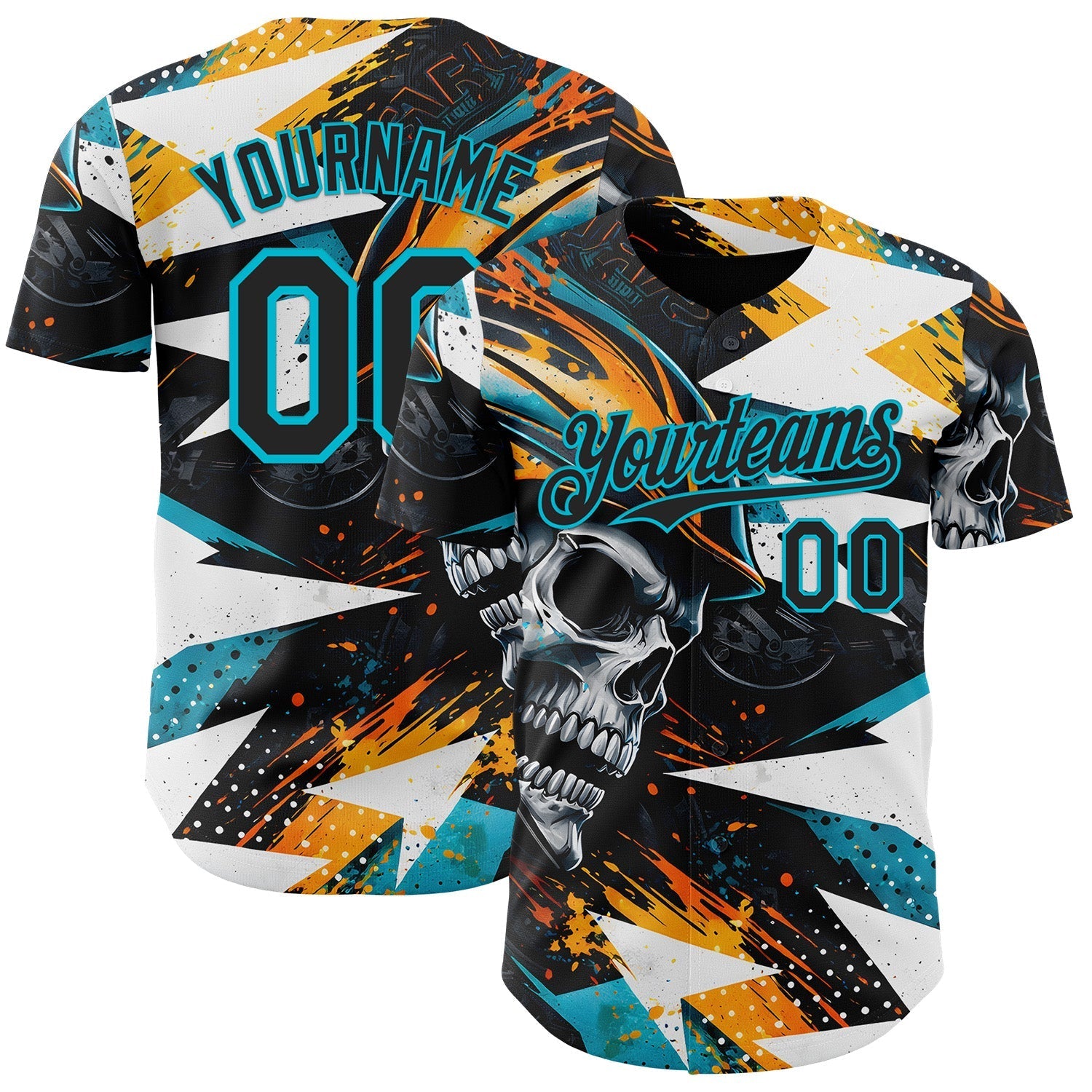Custom Black Yellow-Lakes Blue 3D Pattern Design Motorcycle Motocross Skull Authentic Baseball Jersey baseball jersey product view 1