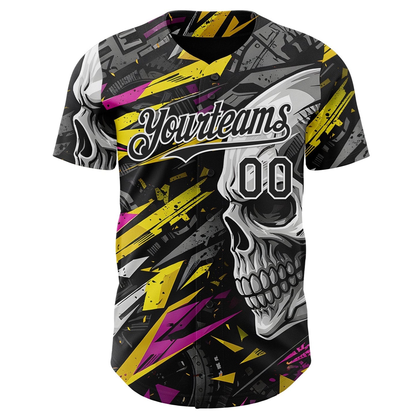 Custom Black Yellow Deep Pink-White 3D Pattern Design Motorcycle Motocross Skull Authentic Baseball Jersey baseball jersey product view 2
