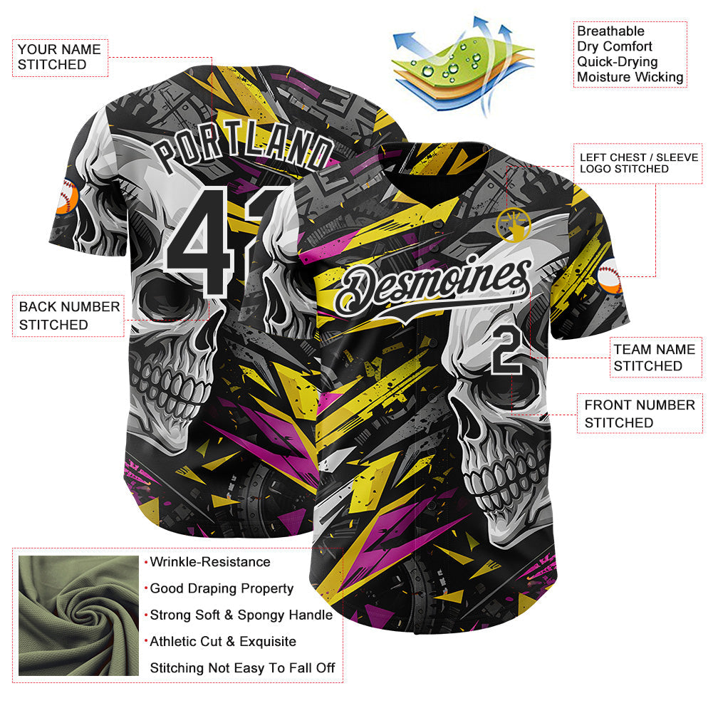 Custom Black Yellow Deep Pink-White 3D Pattern Design Motorcycle Motocross Skull Authentic Baseball Jersey baseball jersey product view 3