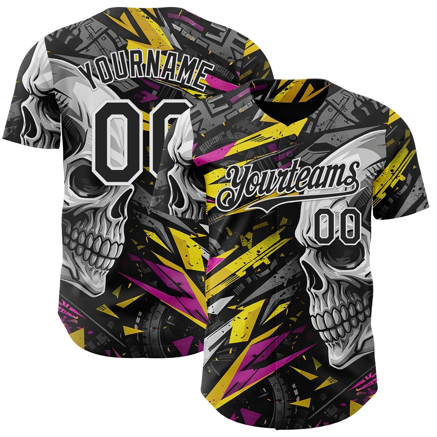 Custom Black Yellow Deep Pink-White 3D Pattern Design Motorcycle Motocross Skull Authentic Baseball Jersey baseball jersey product view 1