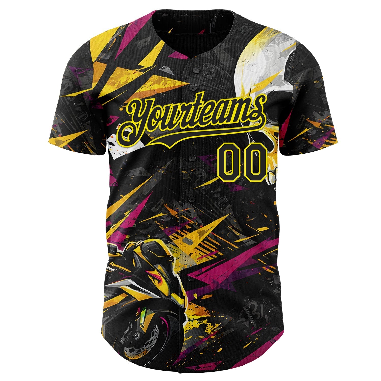 Custom Black Deep Pink-Light Yellow 3D Pattern Design Motorcycle Motocross Skull Authentic Baseball Jersey baseball jersey product view 2