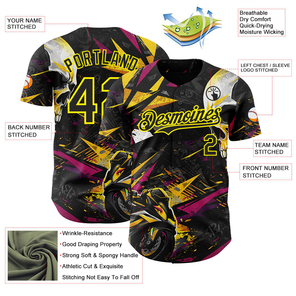Custom Black Deep Pink-Light Yellow 3D Pattern Design Motorcycle Motocross Skull Authentic Baseball Jersey baseball jersey product view 3