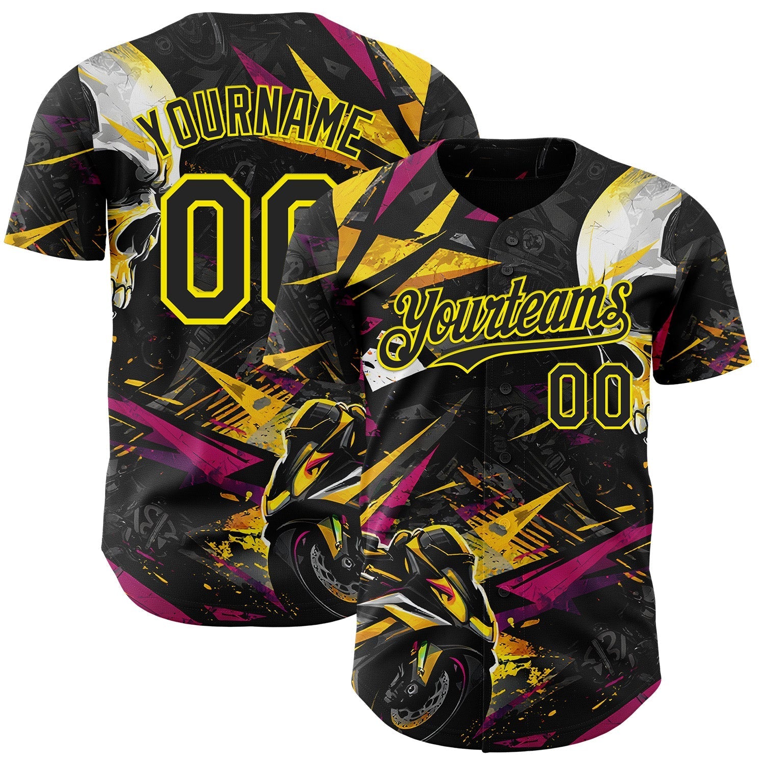 Custom Black Deep Pink-Light Yellow 3D Pattern Design Motorcycle Motocross Skull Authentic Baseball Jersey baseball jersey product view 1