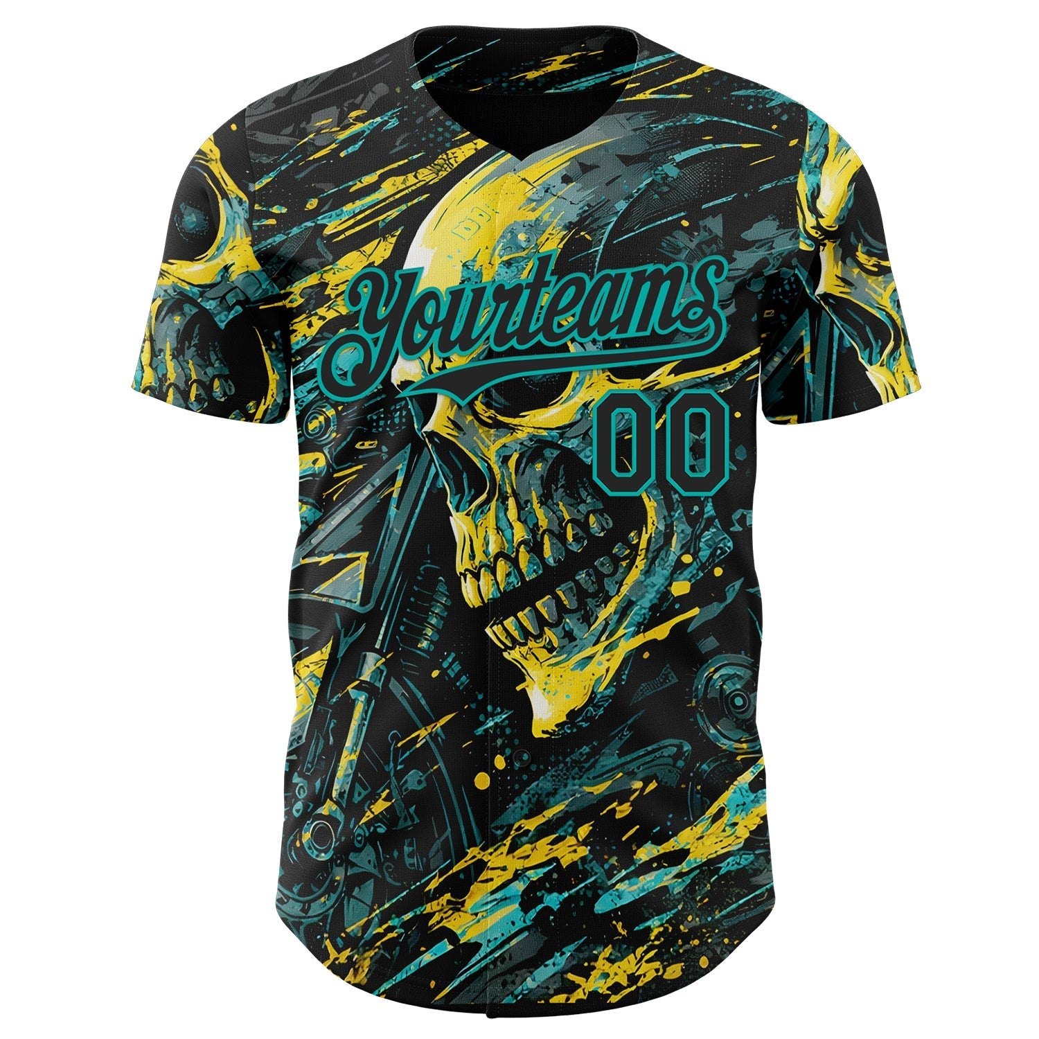 Custom Black Yellow-Aqua 3D Pattern Design Motorcycle Motocross Skull Authentic Baseball Jersey baseball jersey product view 2