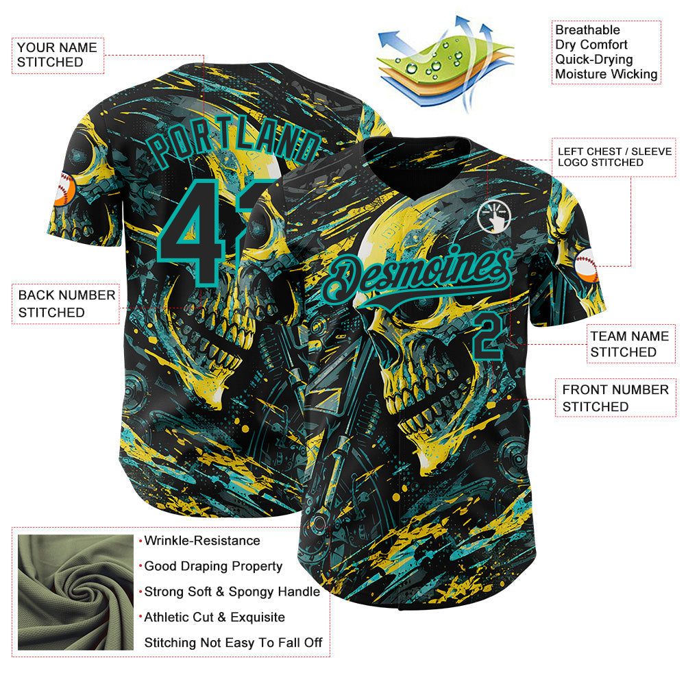 Custom Black Yellow-Aqua 3D Pattern Design Motorcycle Motocross Skull Authentic Baseball Jersey baseball jersey product view 3