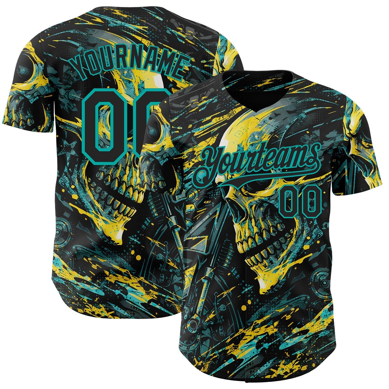 Custom Black Yellow-Aqua 3D Pattern Design Motorcycle Motocross Skull Authentic Baseball Jersey baseball jersey product view 1
