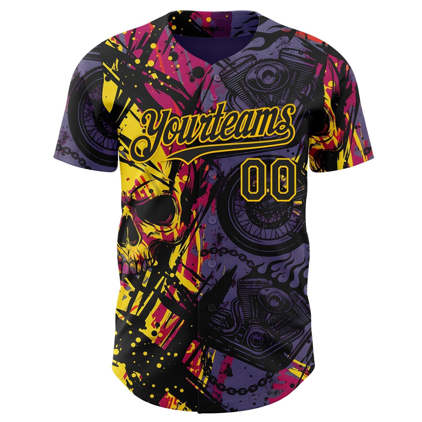 Custom Purple Black Deep Pink-Yellow 3D Pattern Design Motorcycle Motocross Skull Authentic Baseball Jersey baseball jersey product view 2