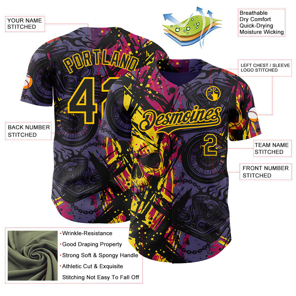 Custom Purple Black Deep Pink-Yellow 3D Pattern Design Motorcycle Motocross Skull Authentic Baseball Jersey baseball jersey product view 3