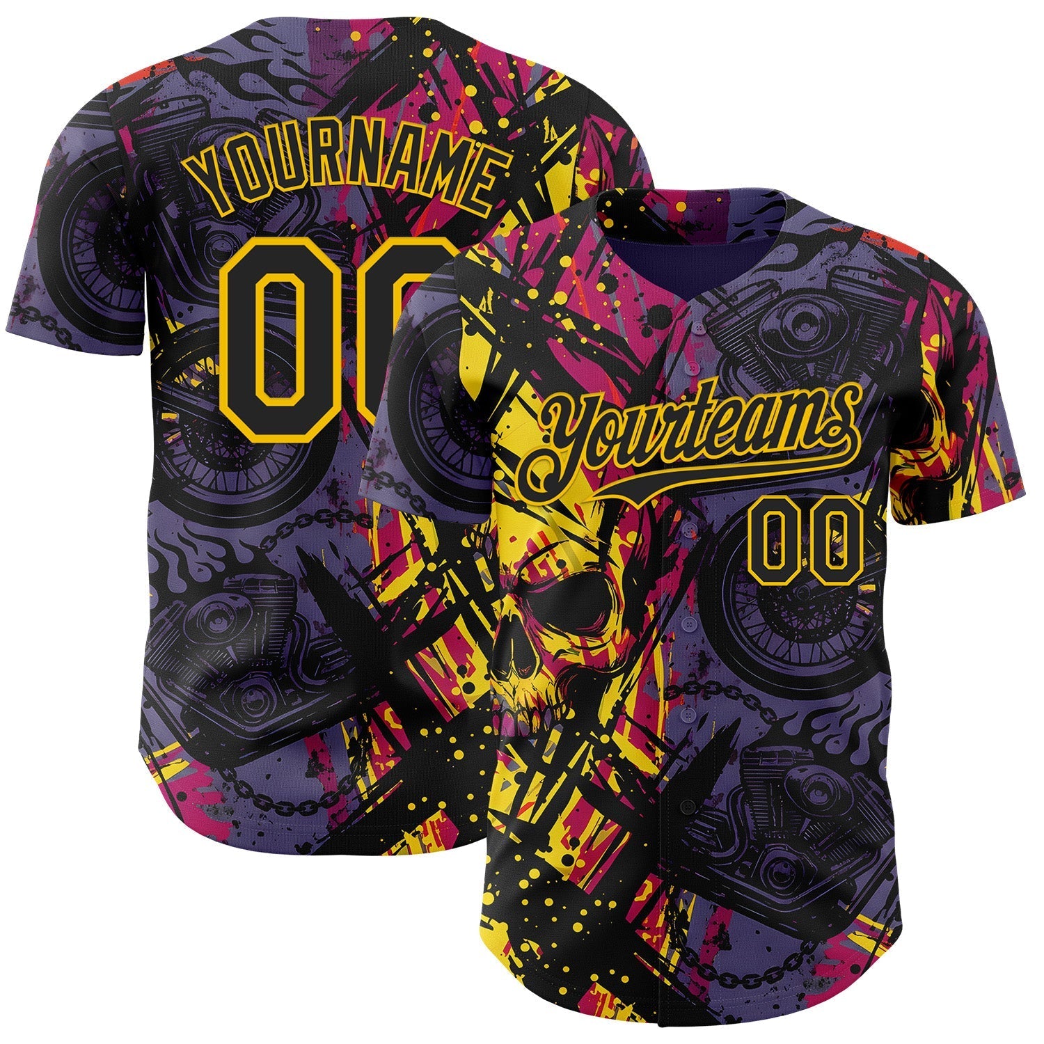 Custom Purple Black Deep Pink-Yellow 3D Pattern Design Motorcycle Motocross Skull Authentic Baseball Jersey baseball jersey product view 1