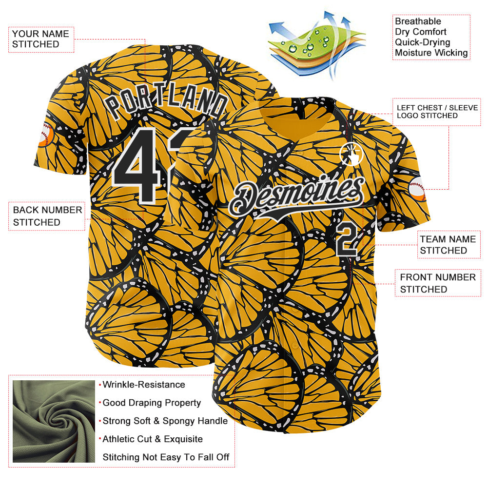 Custom Gold Black-White Butterfly Wing Authentic Baseball Jersey baseball jersey product view 3