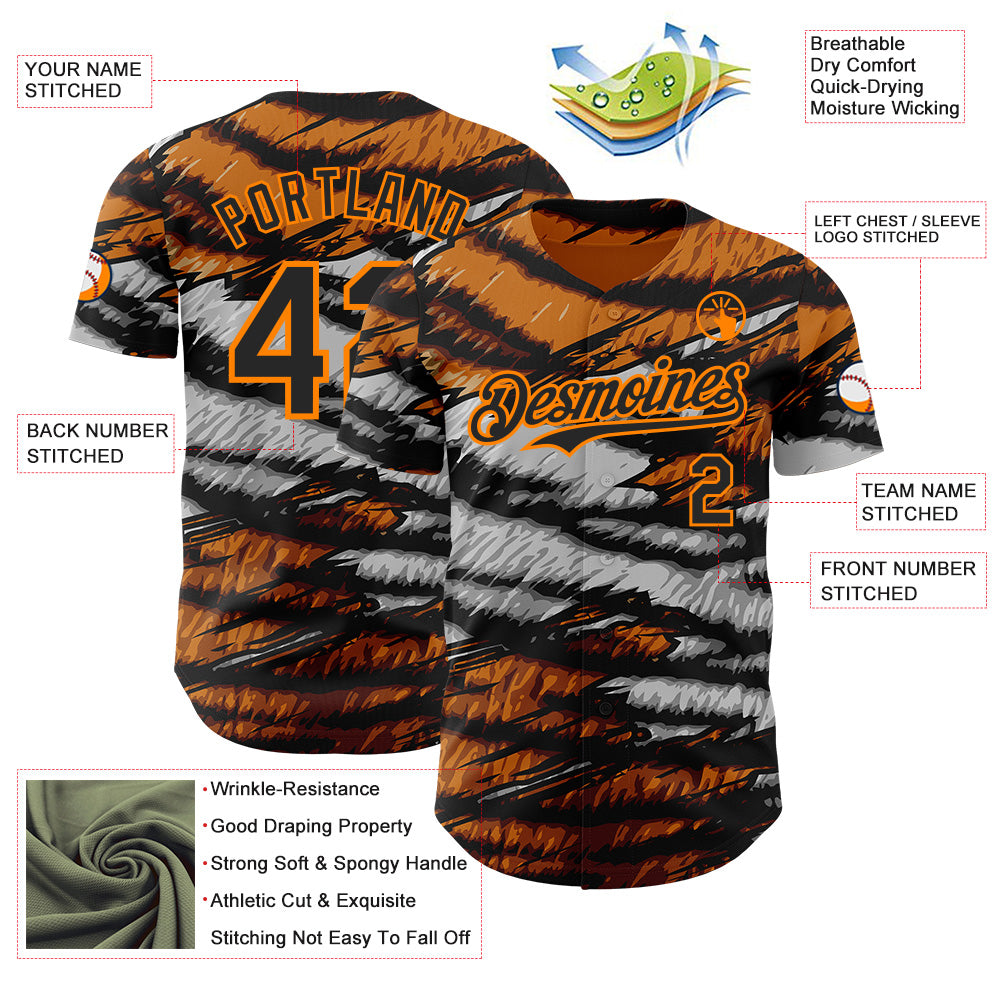 Custom Orange Black Gray-Bay Orange Tiger Stripe Scratch Authentic Baseball Jersey baseball jersey product view 3