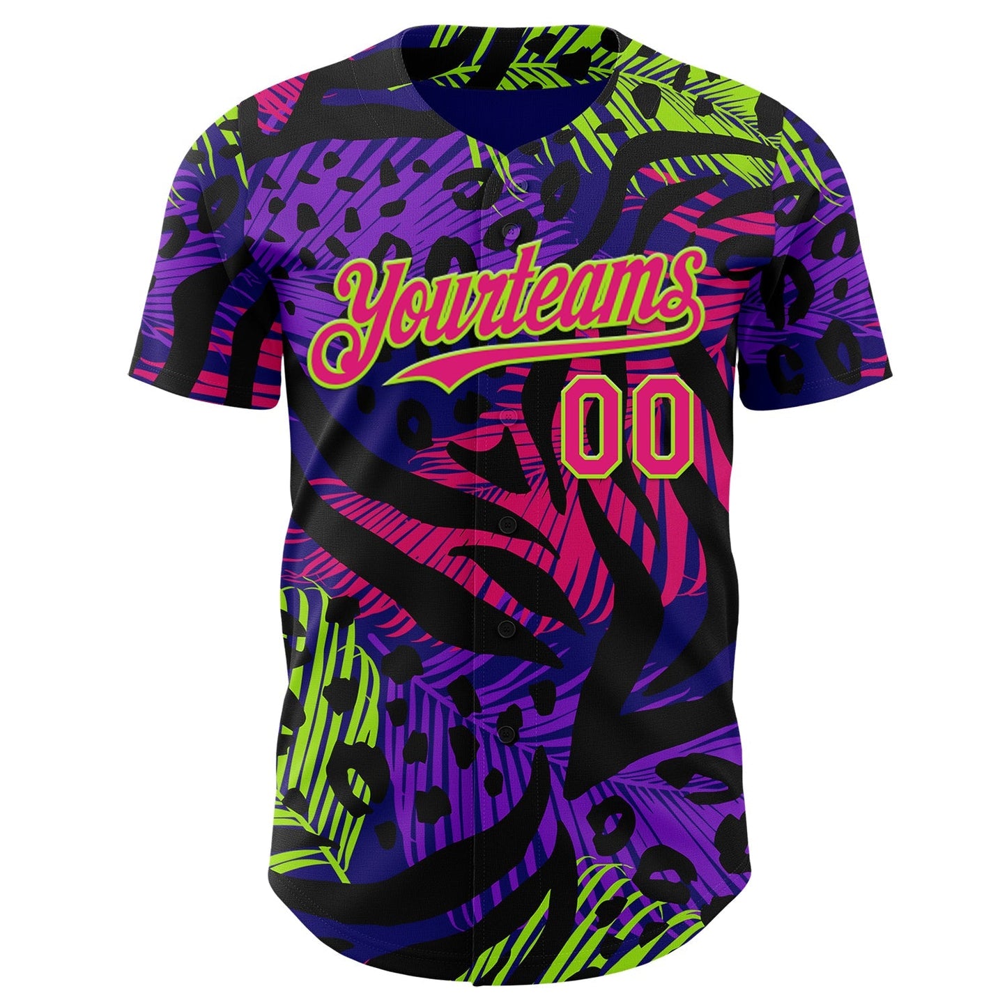 Custom Purple Hot Pink Black-Neon Green Leopard Print Tiger Stripe Leaf Authentic Baseball Jersey baseball jersey product view 2