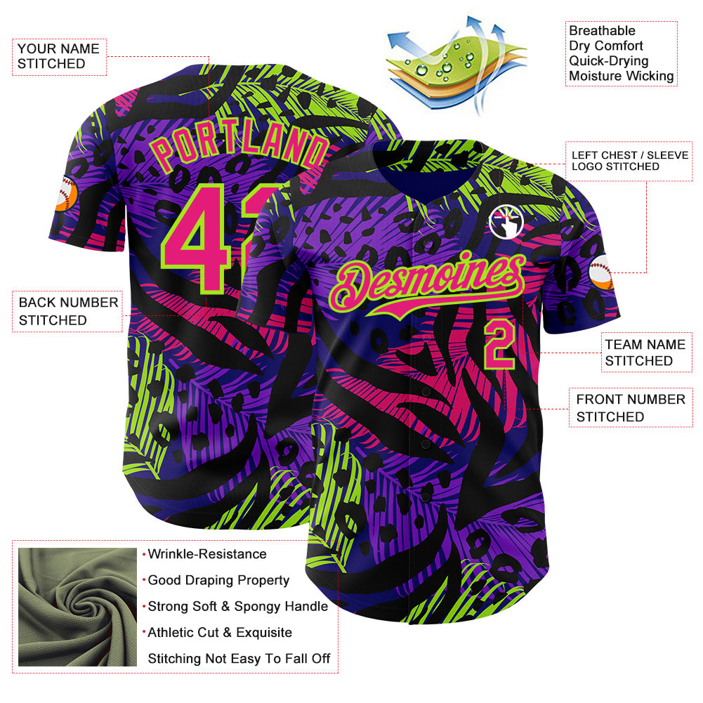 Custom Purple Hot Pink Black-Neon Green Leopard Print Tiger Stripe Leaf Authentic Baseball Jersey baseball jersey product view 3