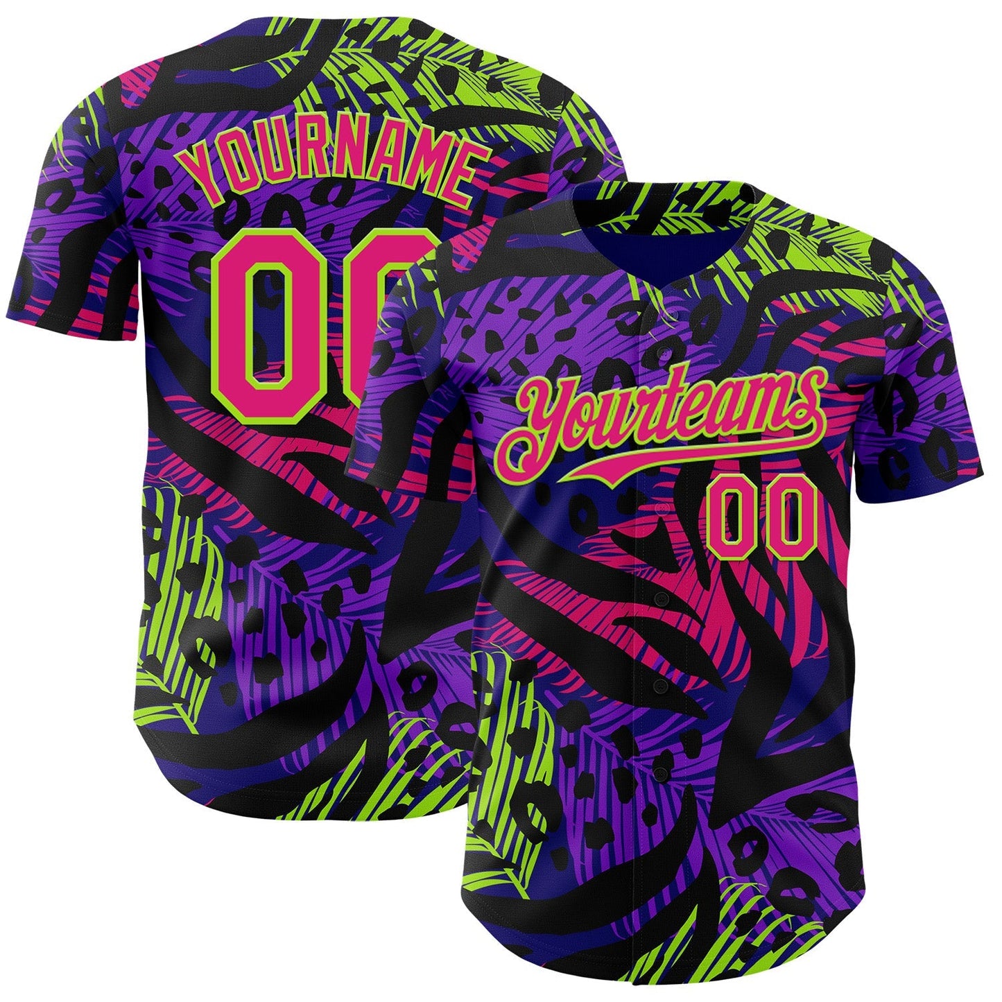 Custom Purple Hot Pink Black-Neon Green Leopard Print Tiger Stripe Leaf Authentic Baseball Jersey baseball jersey product view 1
