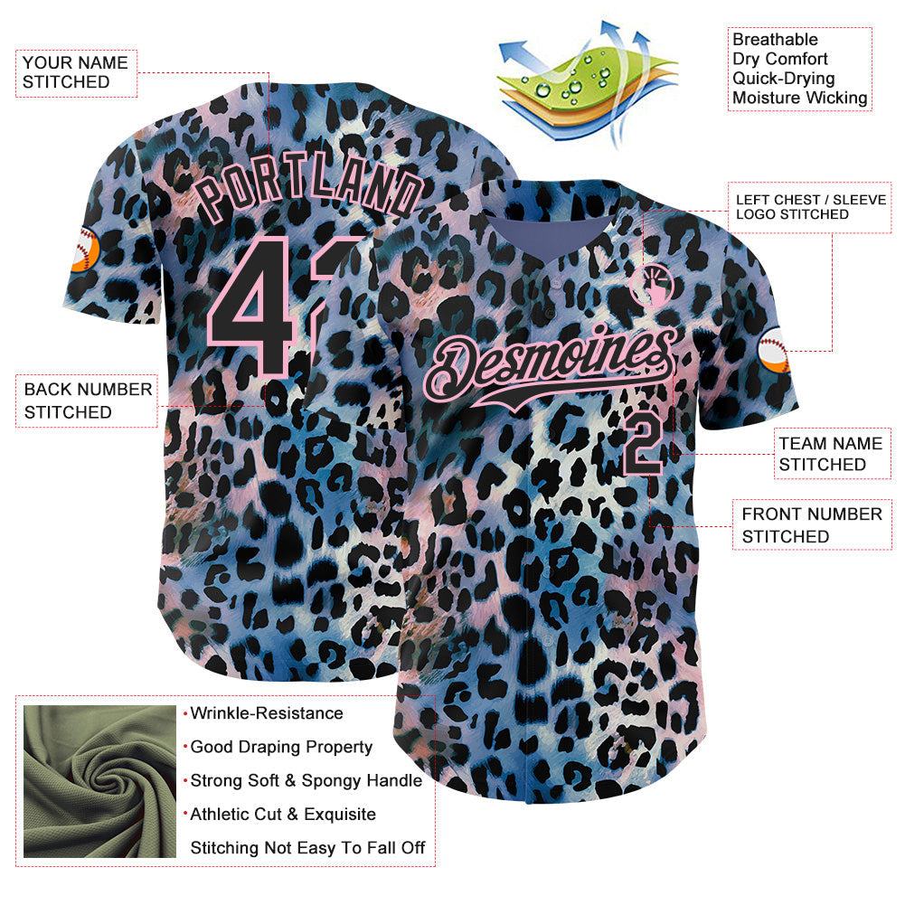 Custom Blue Black-Light Pink Leopard Print Authentic Baseball Jersey baseball jersey product view 3