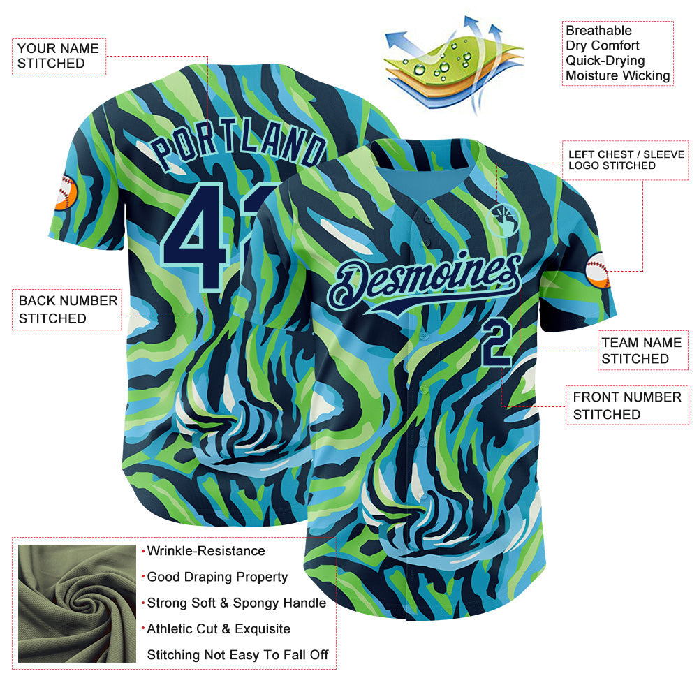 Custom Blue Navy Green-Ice Blue Zebra Stripe Authentic Baseball Jersey baseball jersey product view 3