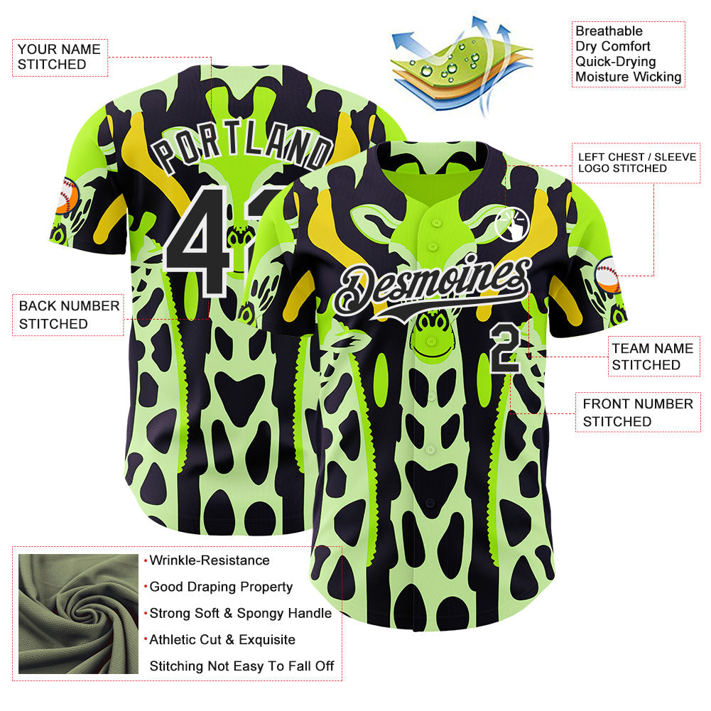 Custom Green Black Yellow-White Giraffe Print Authentic Baseball Jersey baseball jersey product view 3