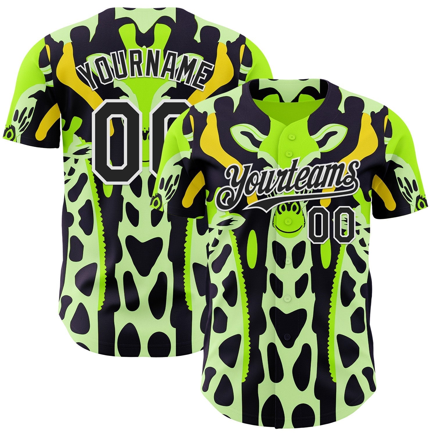 Custom Green Black Yellow-White Giraffe Print Authentic Baseball Jersey baseball jersey product view 1