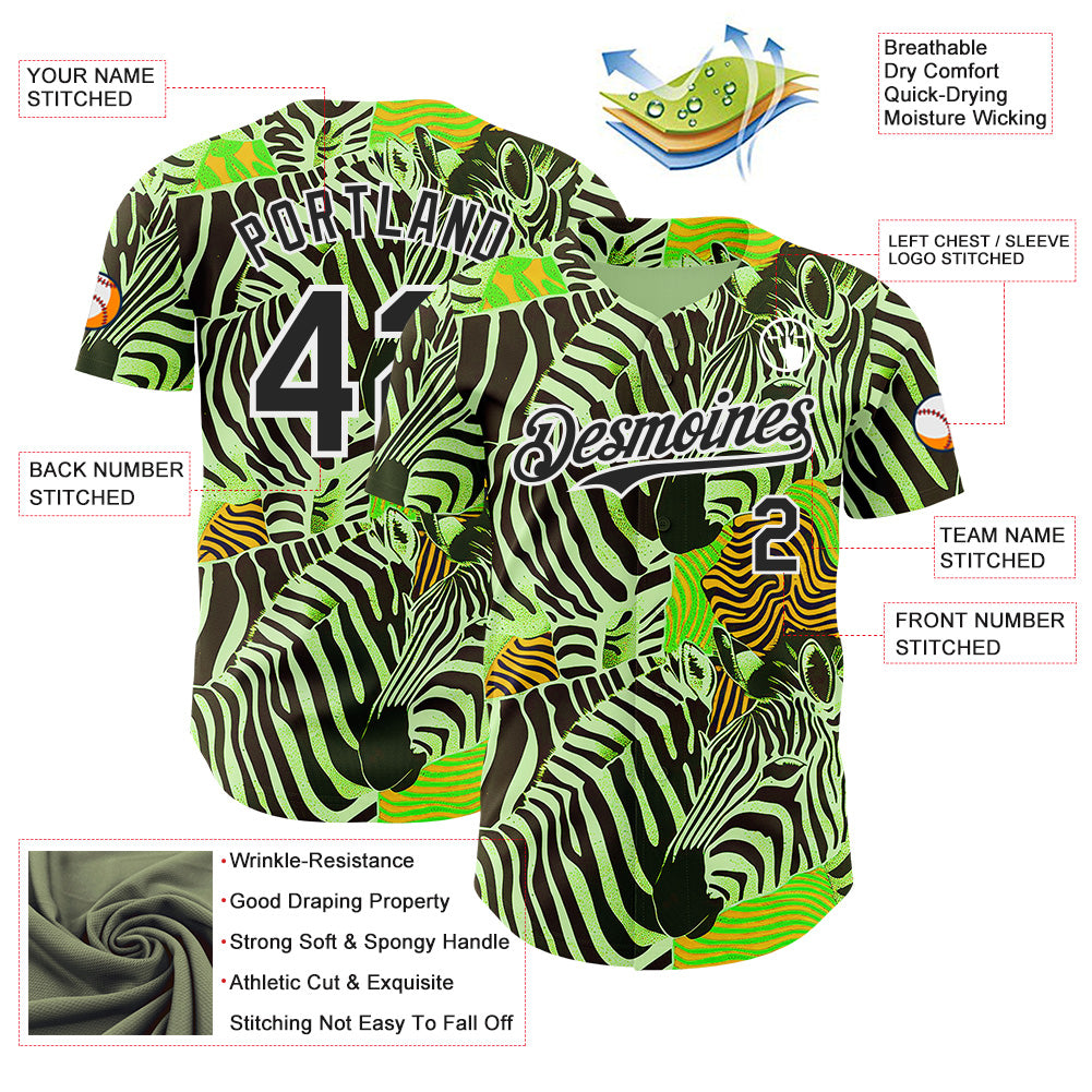 Custom Green Black-White Zebra Stripe Print Authentic Baseball Jersey baseball jersey product view 3